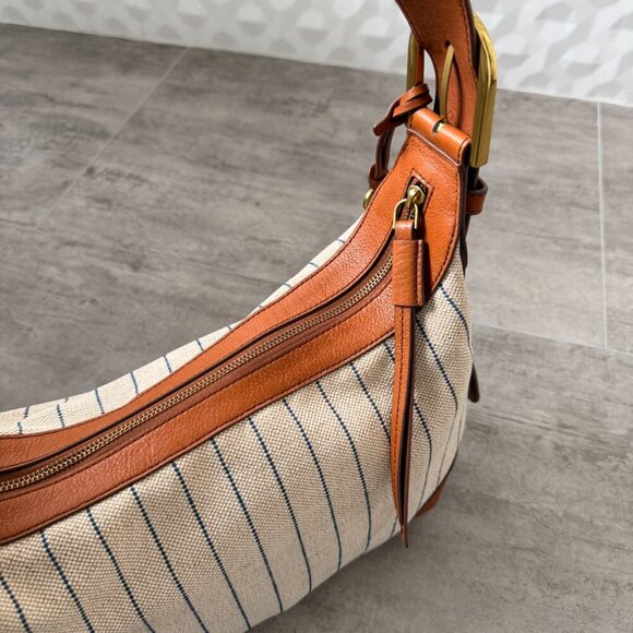 FOSSIL Tan W/ Blue Stripes HANNAH HOBO Canvas & Leather Shoulder Bag - Picture 7 of 16